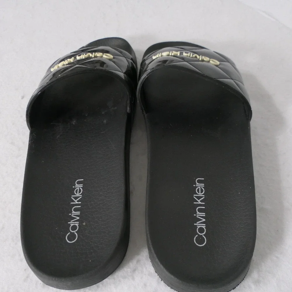 Calvin Klein Womens Slides 8M Black Quilted Pool Designer Athleisure‎